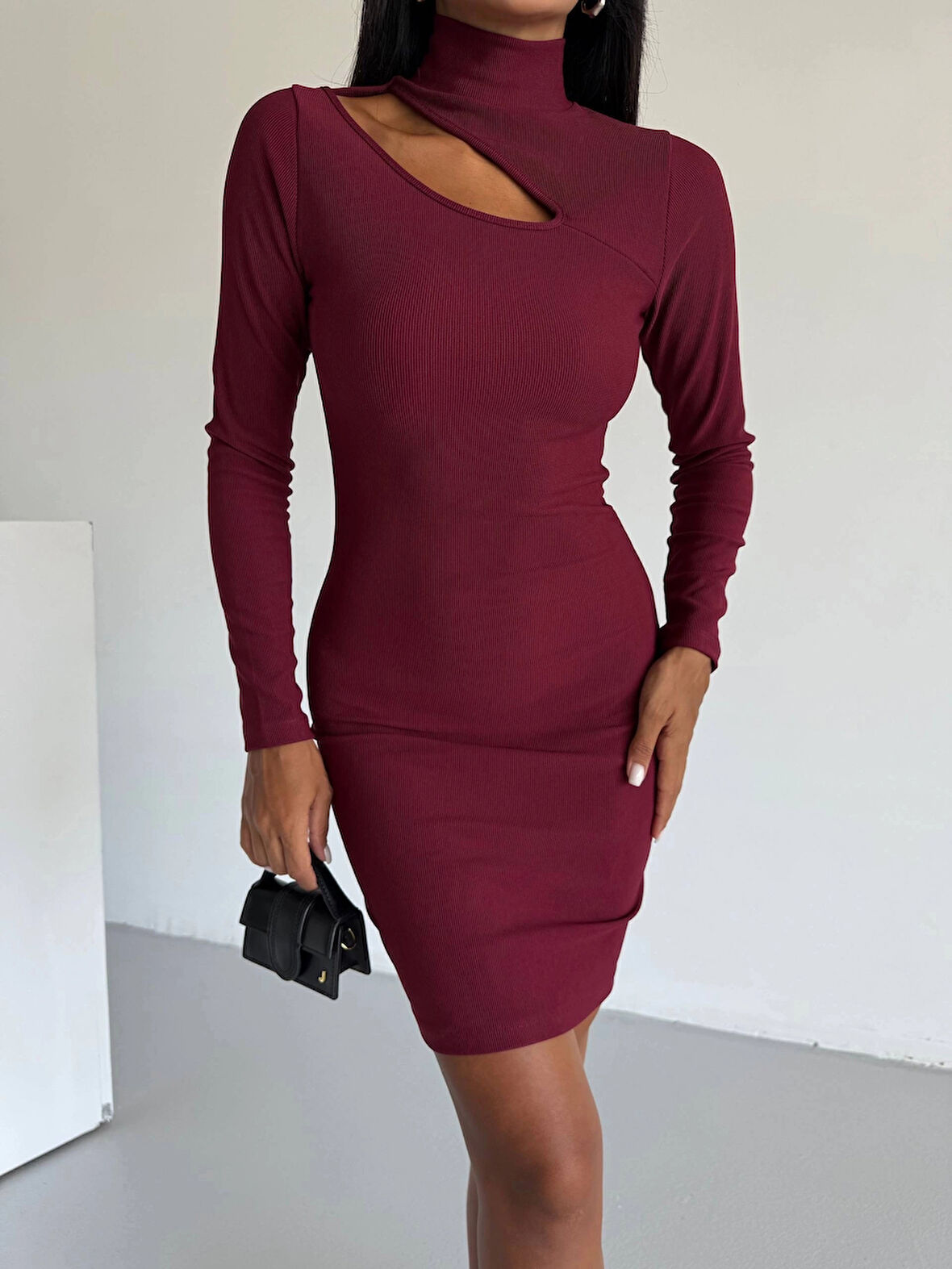 BİÇOMİ Boğazlı gögüs dekolteli elbise bordo f2333