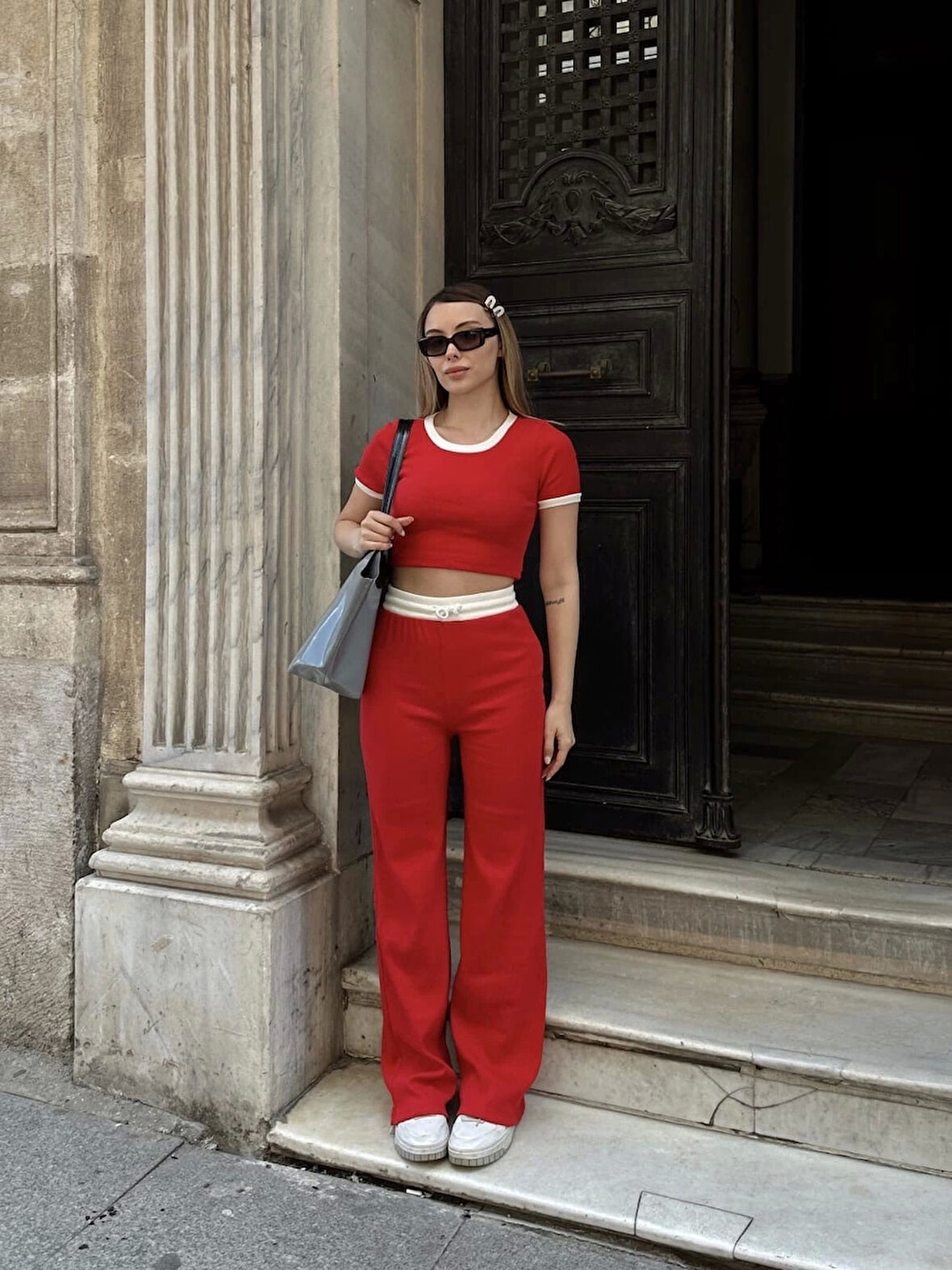 BİÇOMİ Crop pantolon biyeli takım kırmızı
