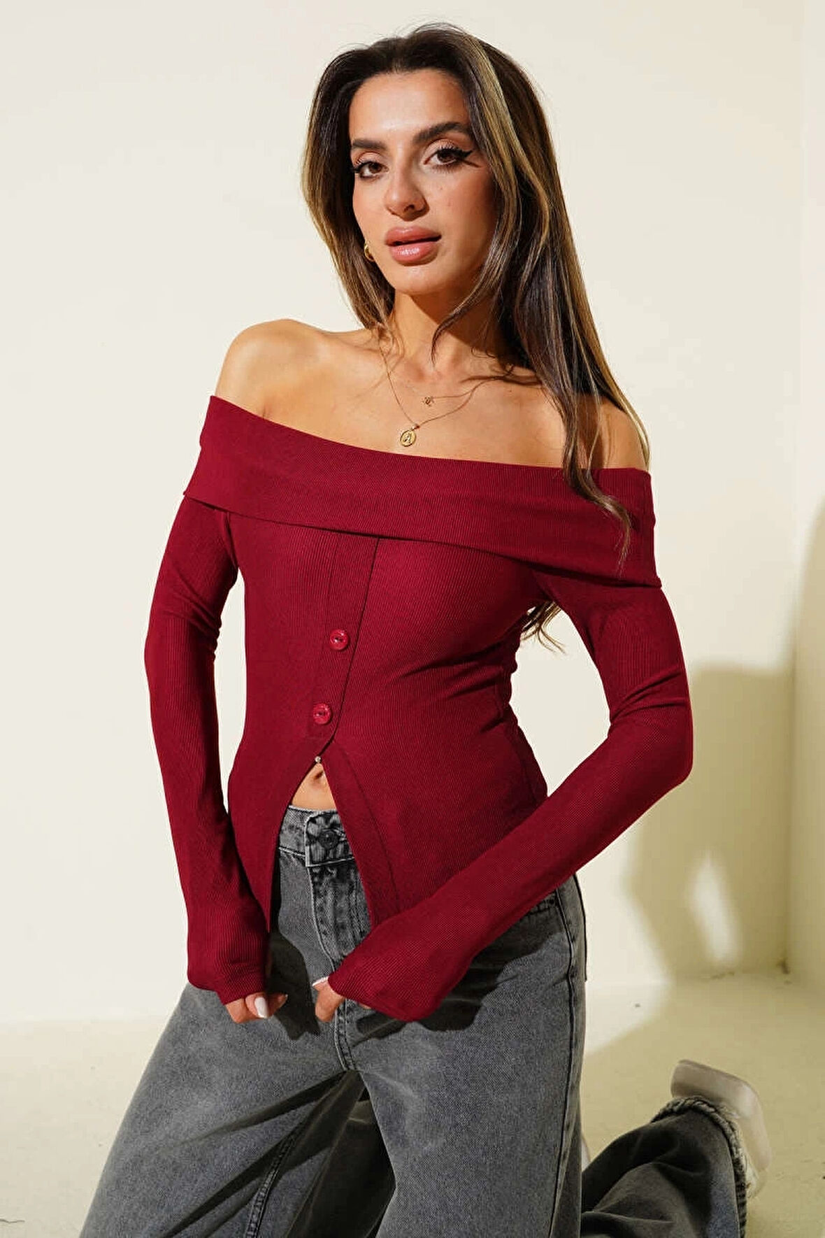 BİÇOMİ Madonna Yaka Düğmeli Bluz bordo t4329