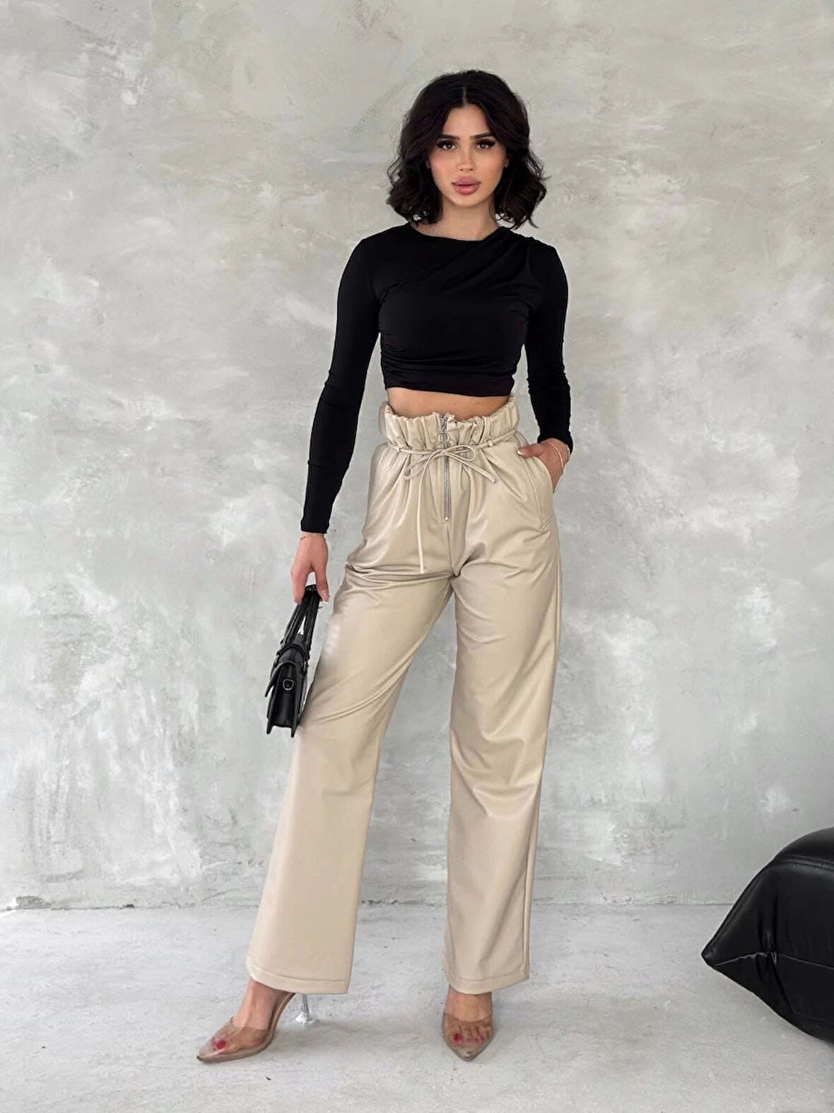 BİÇOMİ Kendinden ince kemerli deri pantolon bej t1178