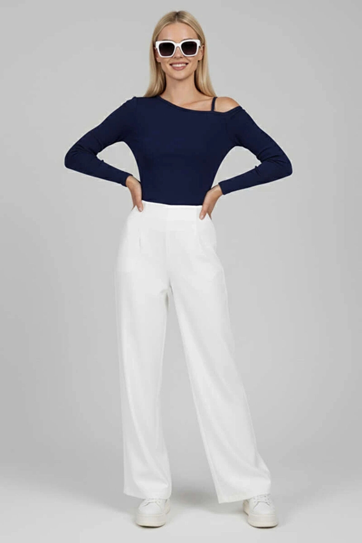 BİÇOMİ Tek Omuz İpli Bluz Lacivert T4328