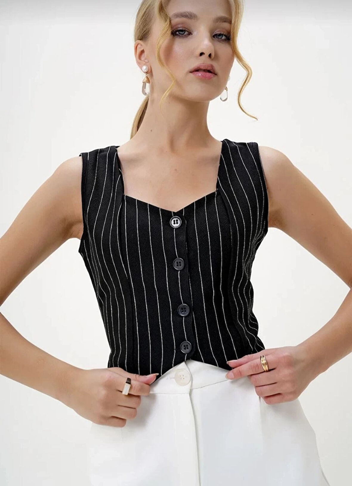 BİÇOMİ Çizgili krep düğmeli yelek siyah s3395