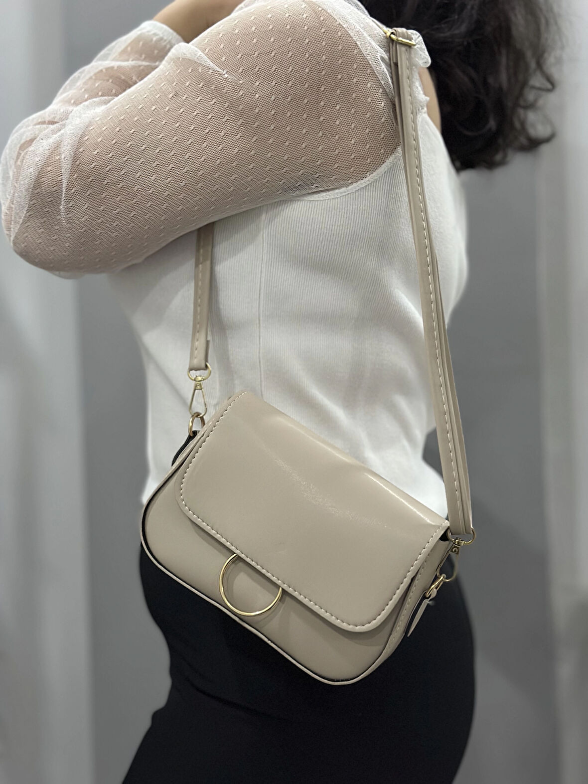 BİÇOMİ Bej cilt mossi çanta