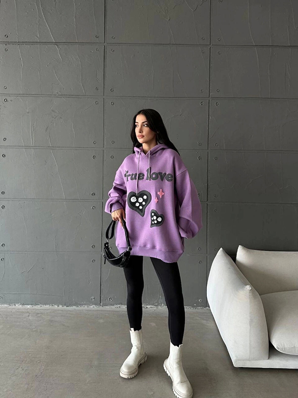 BİÇOMİ 3 iplik şardonlu oversize true baskılı sweat mor