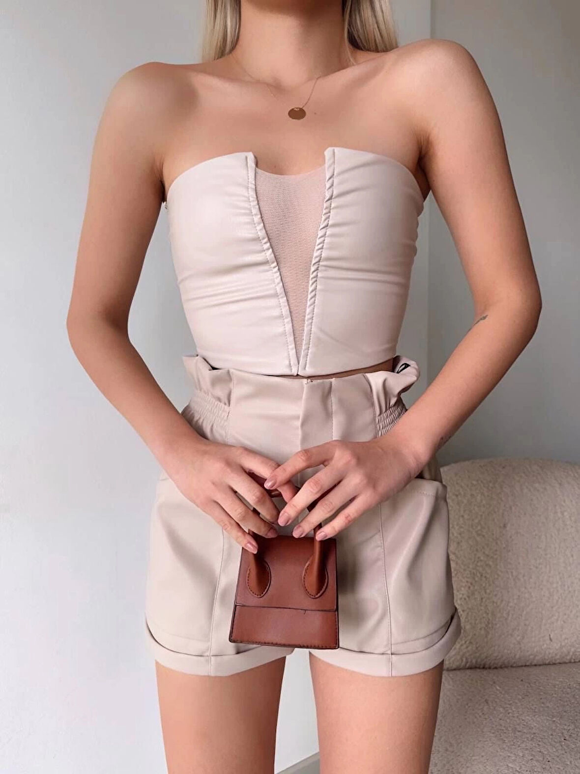 BİÇOMİ Tüllü deri crop bej w24615