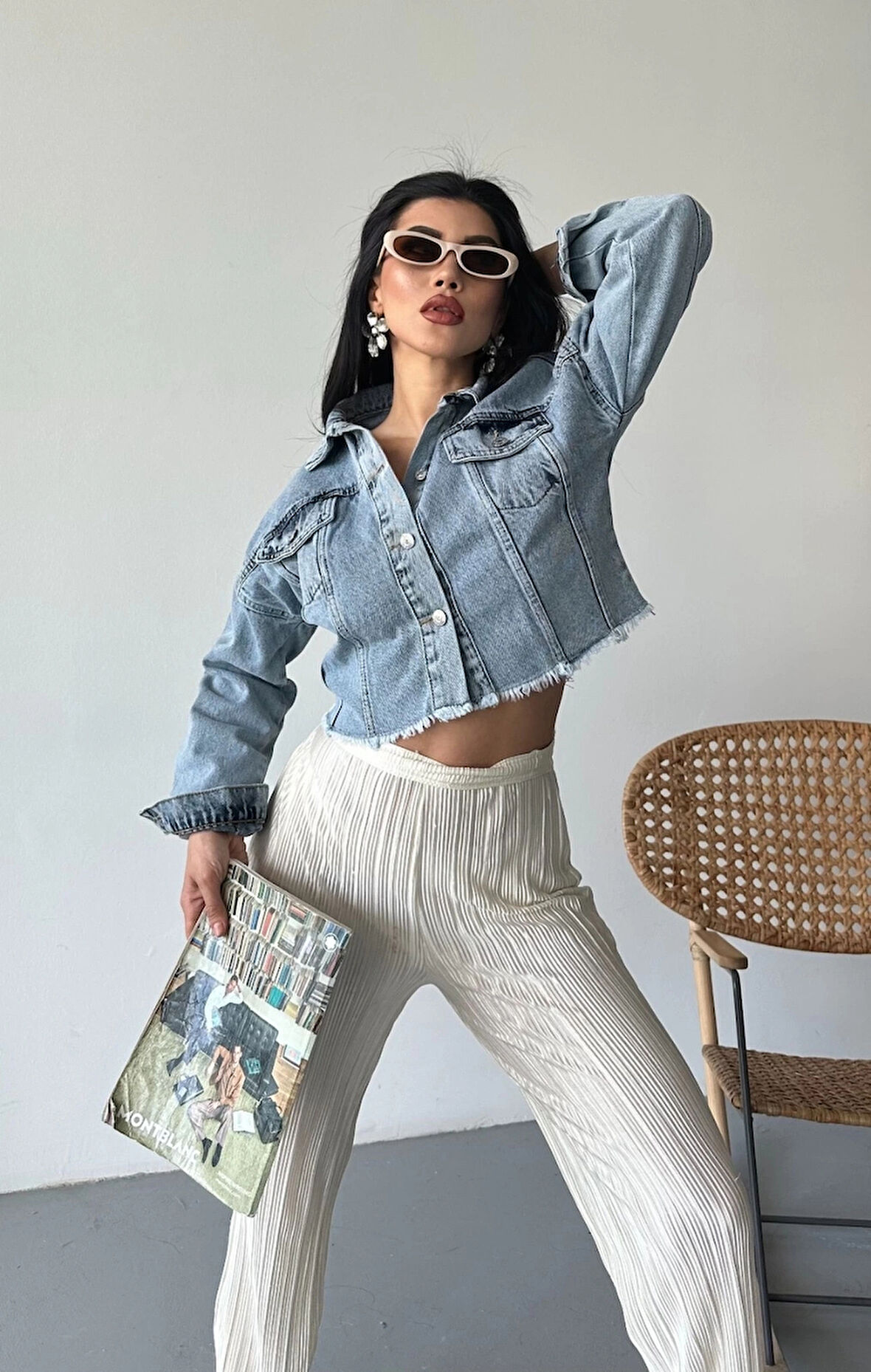 BİÇOMİ Çift kapaklı püsküllü crop buz mavi d2002