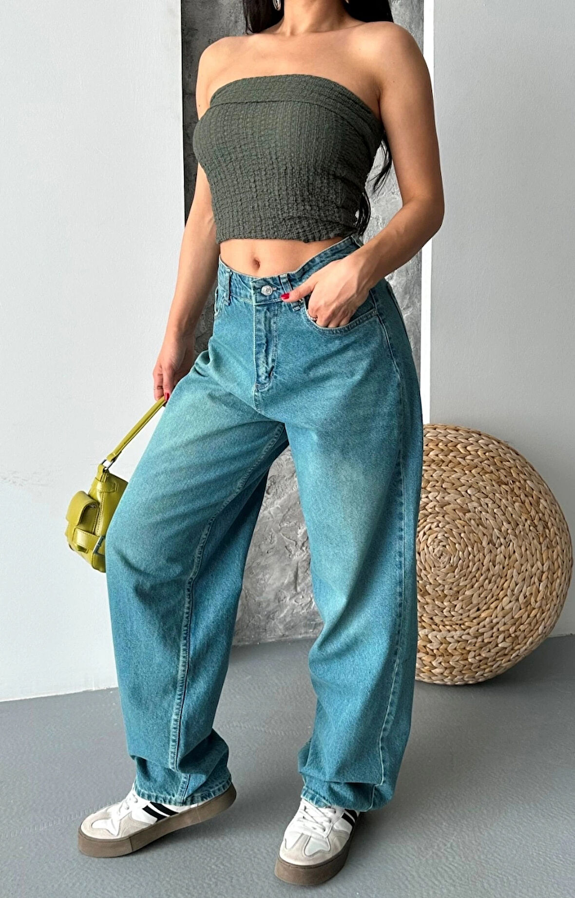 BİÇOMİ Baggy taş enzim bıyık yıkama jeans pantolon yeşil tint d2007