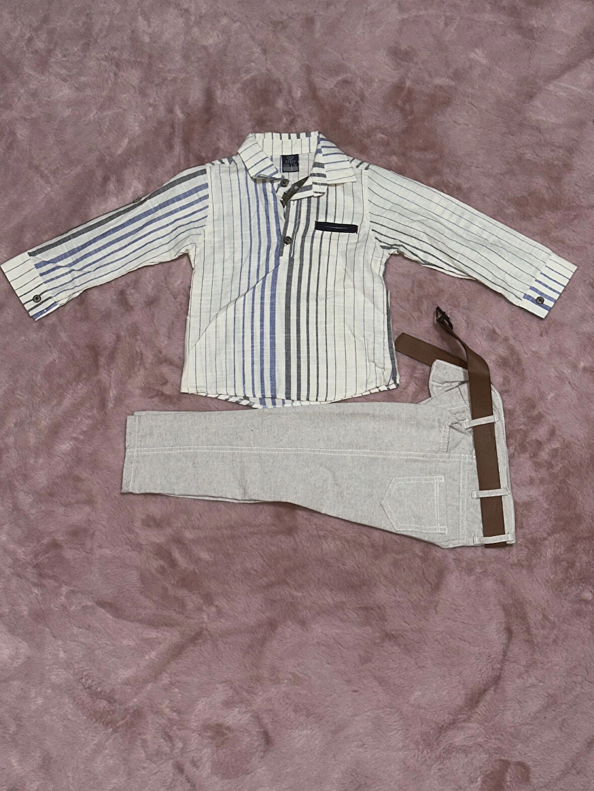 BİÇOMİ 1-6 yaş gömlek pantolon kemerli erkek çocuk alt üst takım keten bej