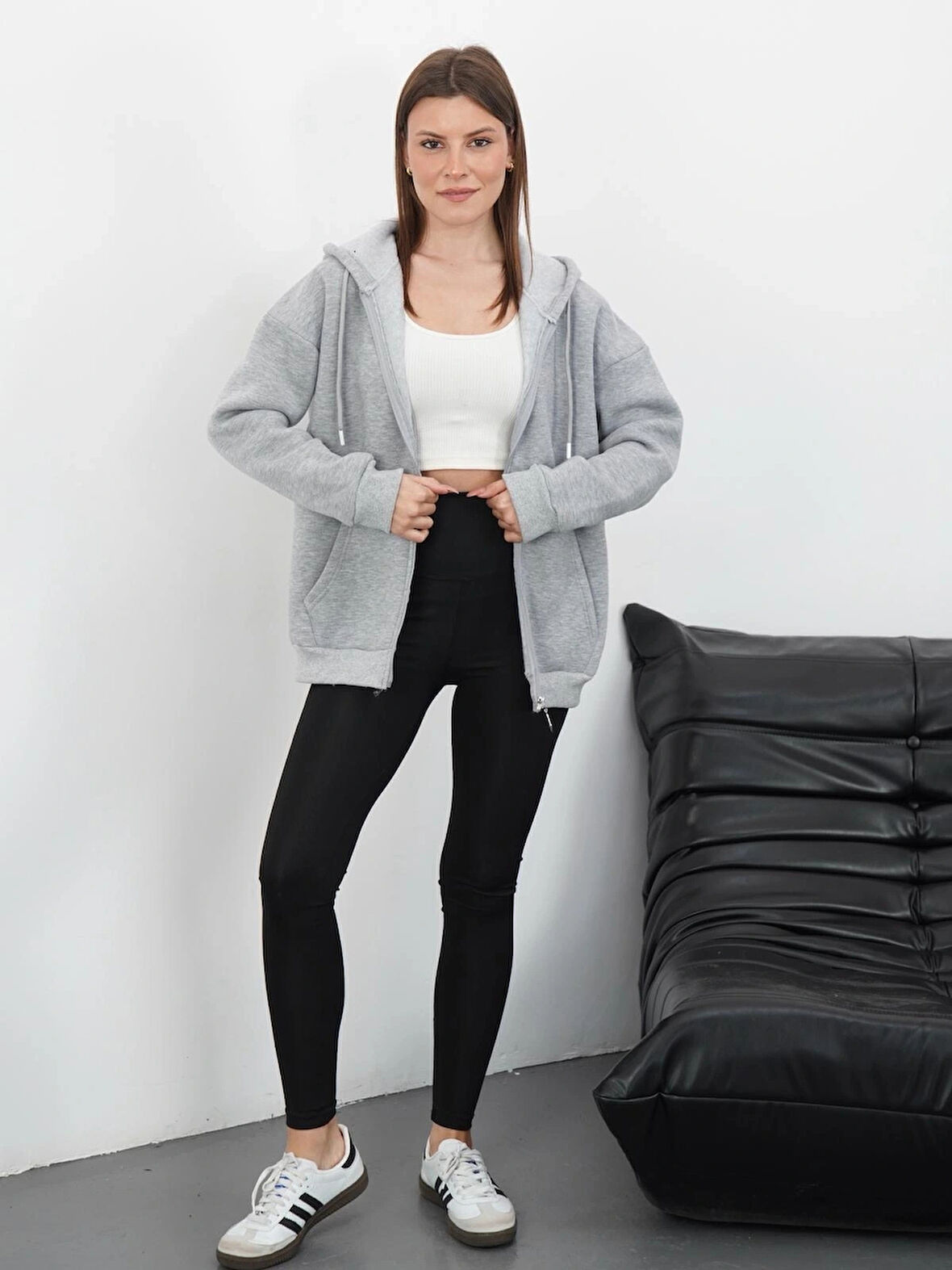 BİÇOMİ 3 iplik şardonlu fermuarlı kapşonlu hırka gri