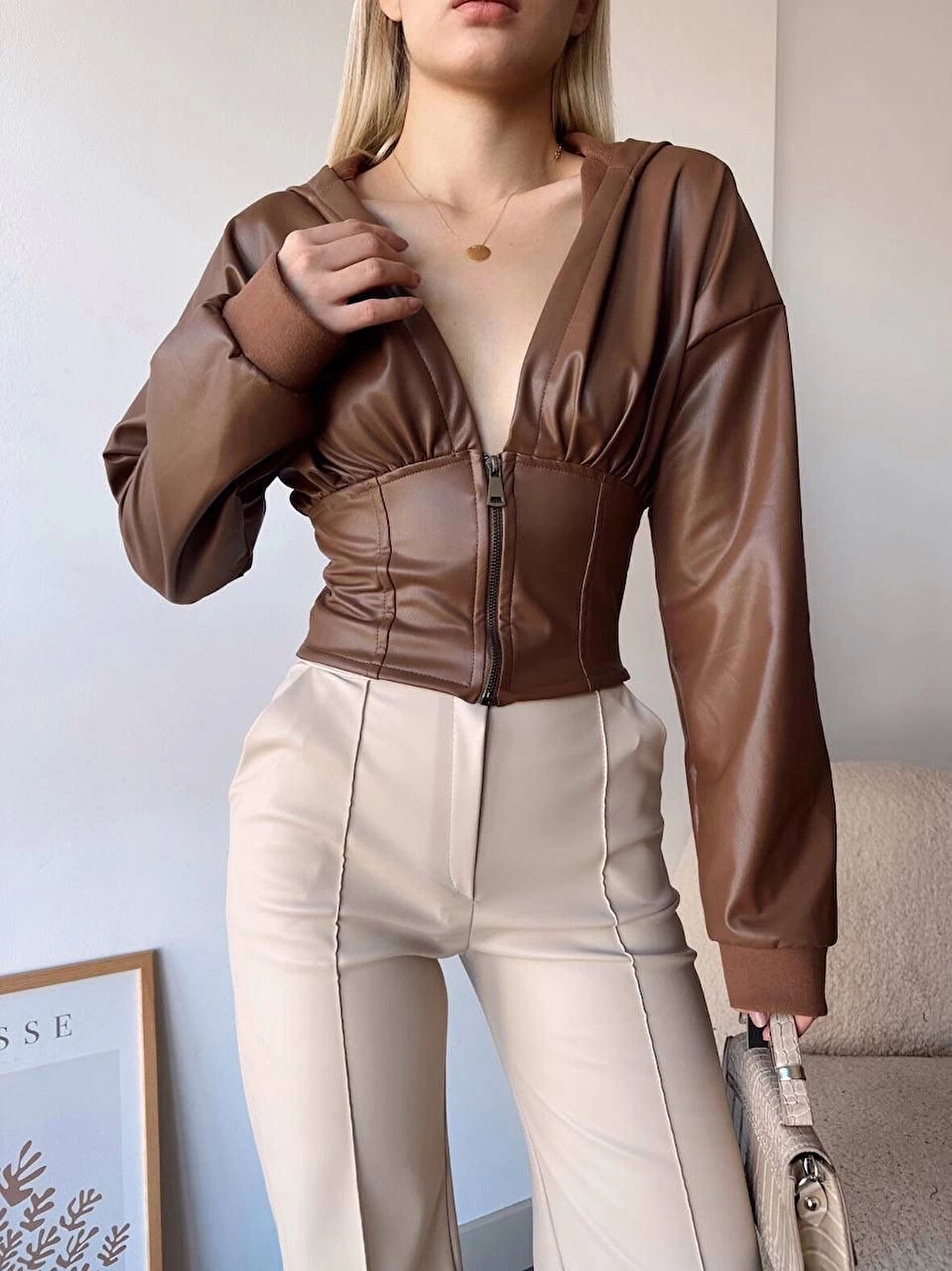 BİÇOMİ Kapşonlu yarım fermuarlı ceket kahve h24116