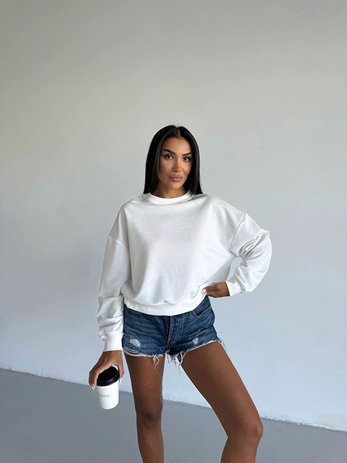 BİÇOMİ 2 iplik bisiklet yaka sweat beyaz f2339