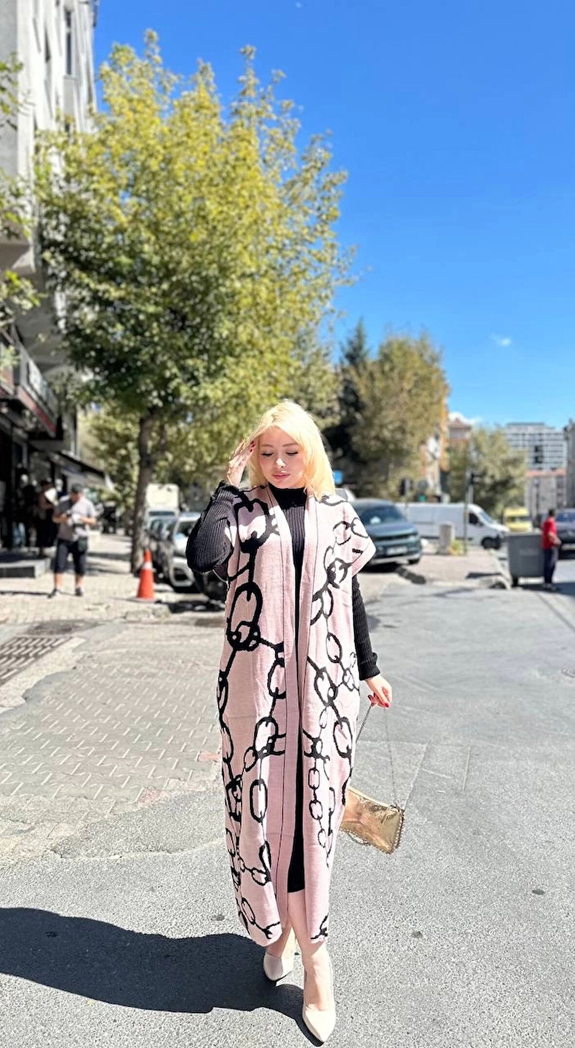 BİÇOMİ Siyah çizgi desenli elbiseli hırka takım pudra siyah