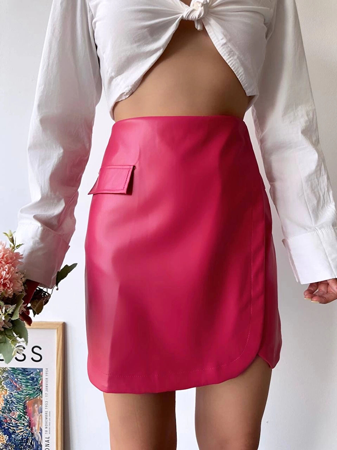 BİÇOMİ Cep detaylı oval kapaklı deri etek fuşya h240048