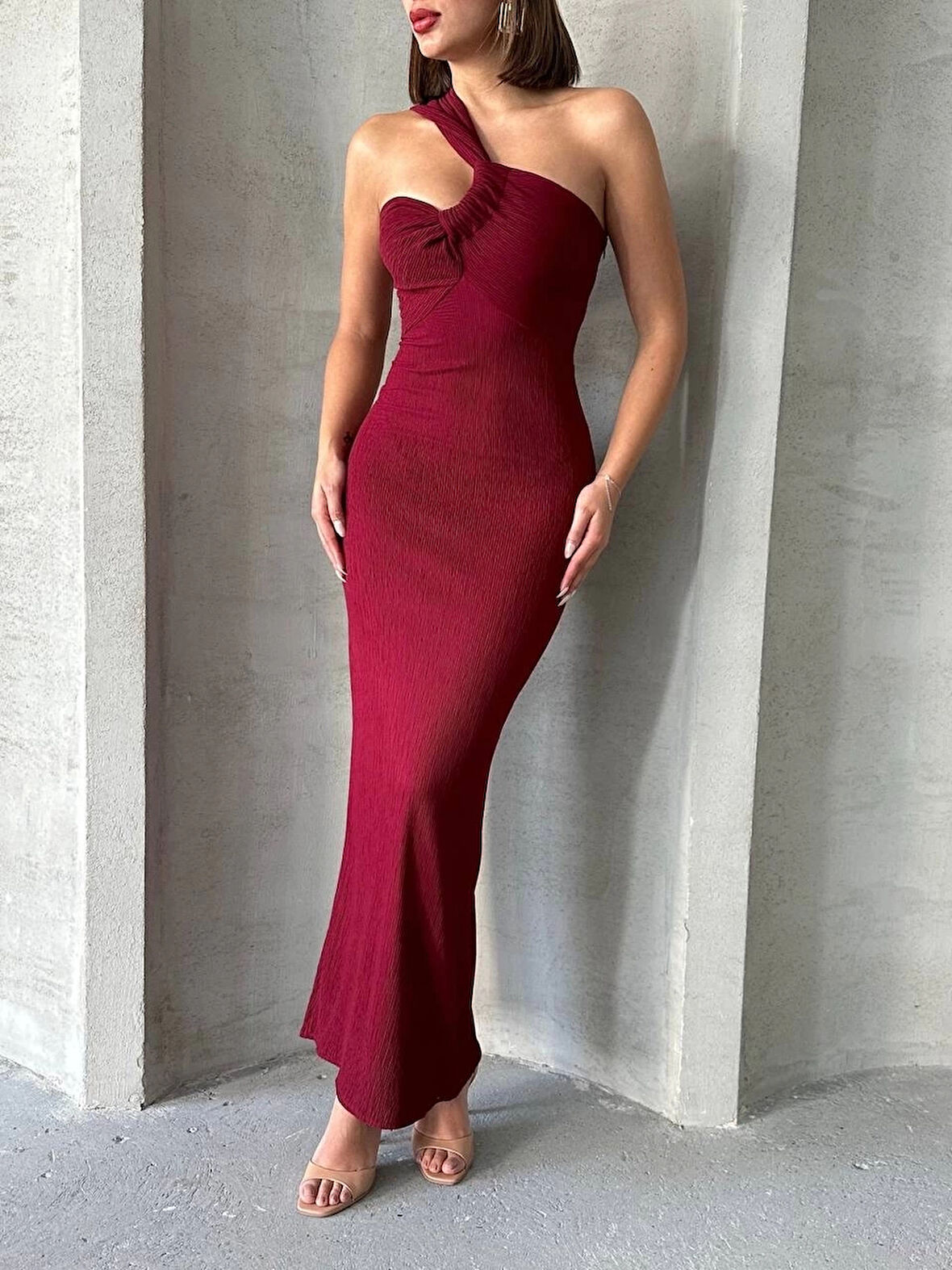 BİÇOMİ Krinkıl tek omuz uzun elbise bordo s25455