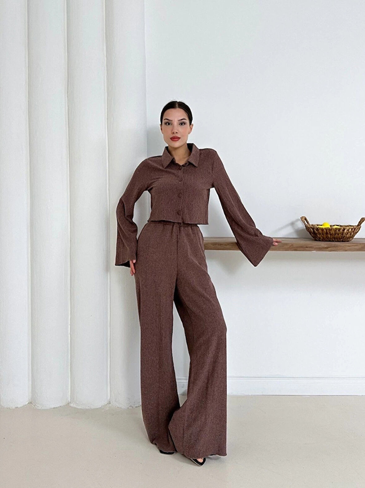 BİÇOMİ Gömlek yaka kaplama düğmeli takım kahve st265866