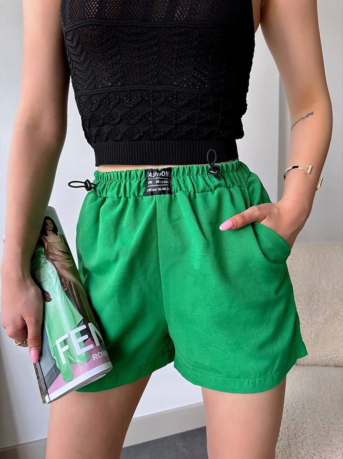 BİÇOMİ Armalı keten şort yeşil s251003