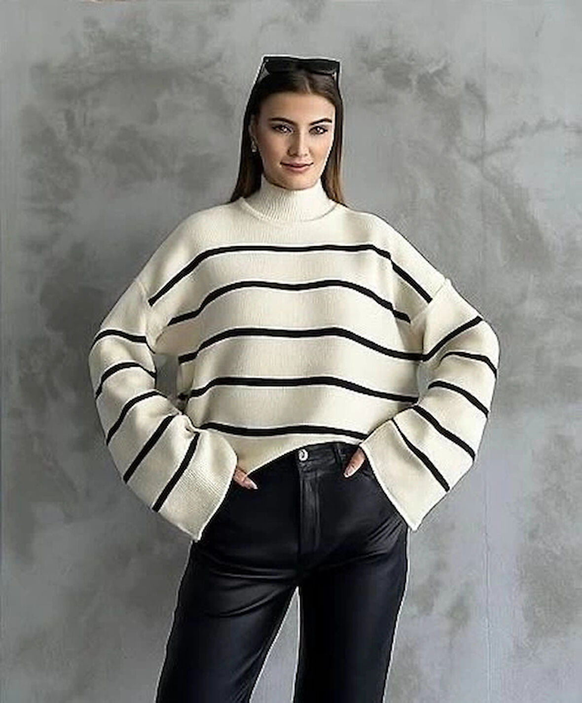 BİÇOMİ Çizgili ispanyol kol triko boğazlı kazak beyaz elf