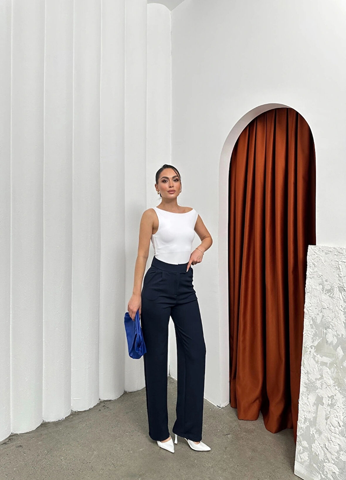 BİÇOMİ Cırtlı pantolon krep lacivert pt