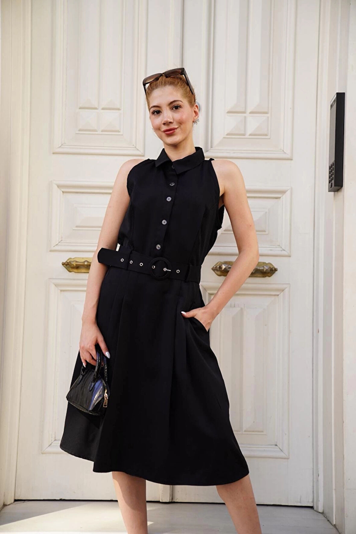 BİÇOMİ Gömlek yaka kemerli elbise siyah s255061