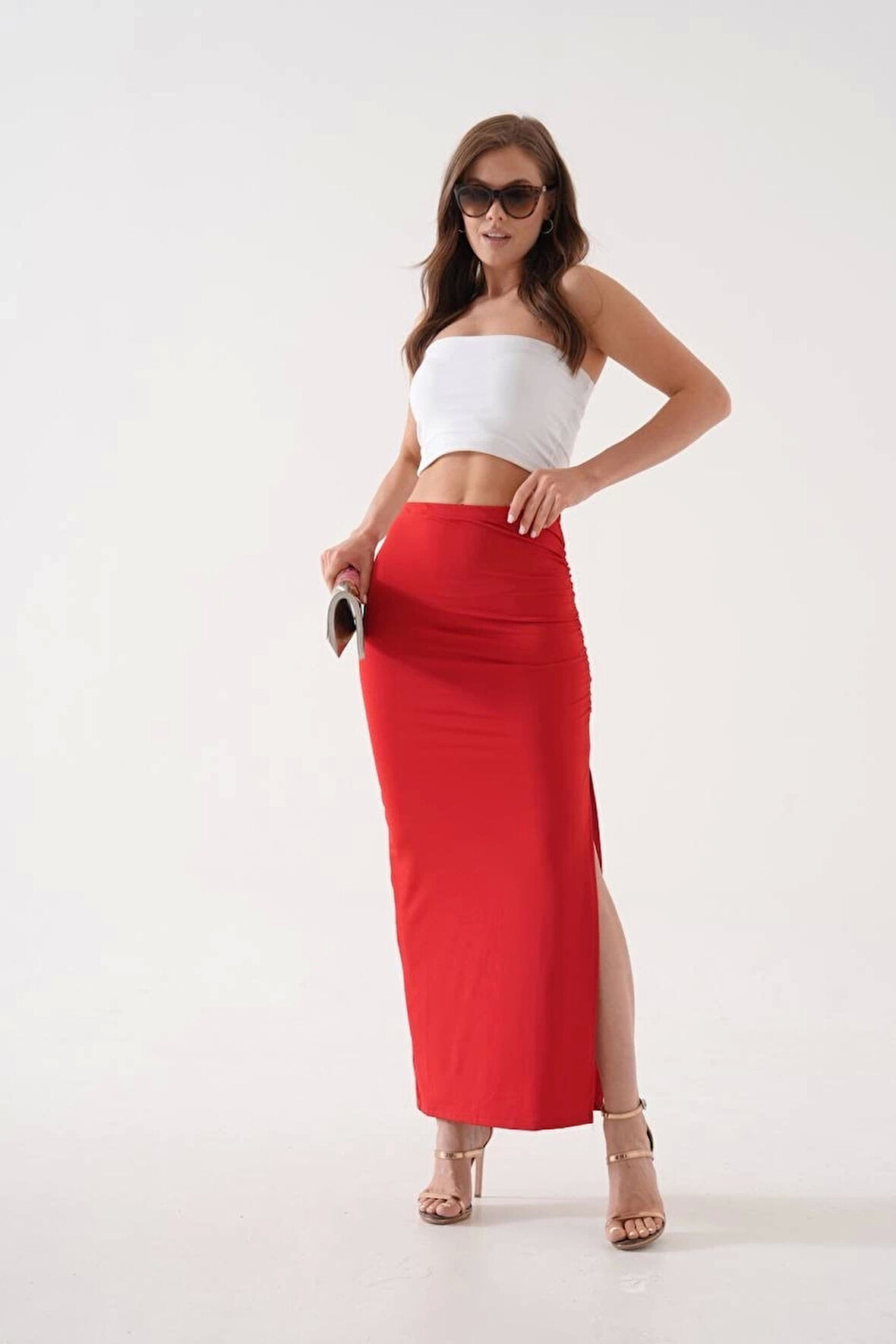 BİÇOMİ Uzun yırtmaçlı ince kumaş etek kırmızı