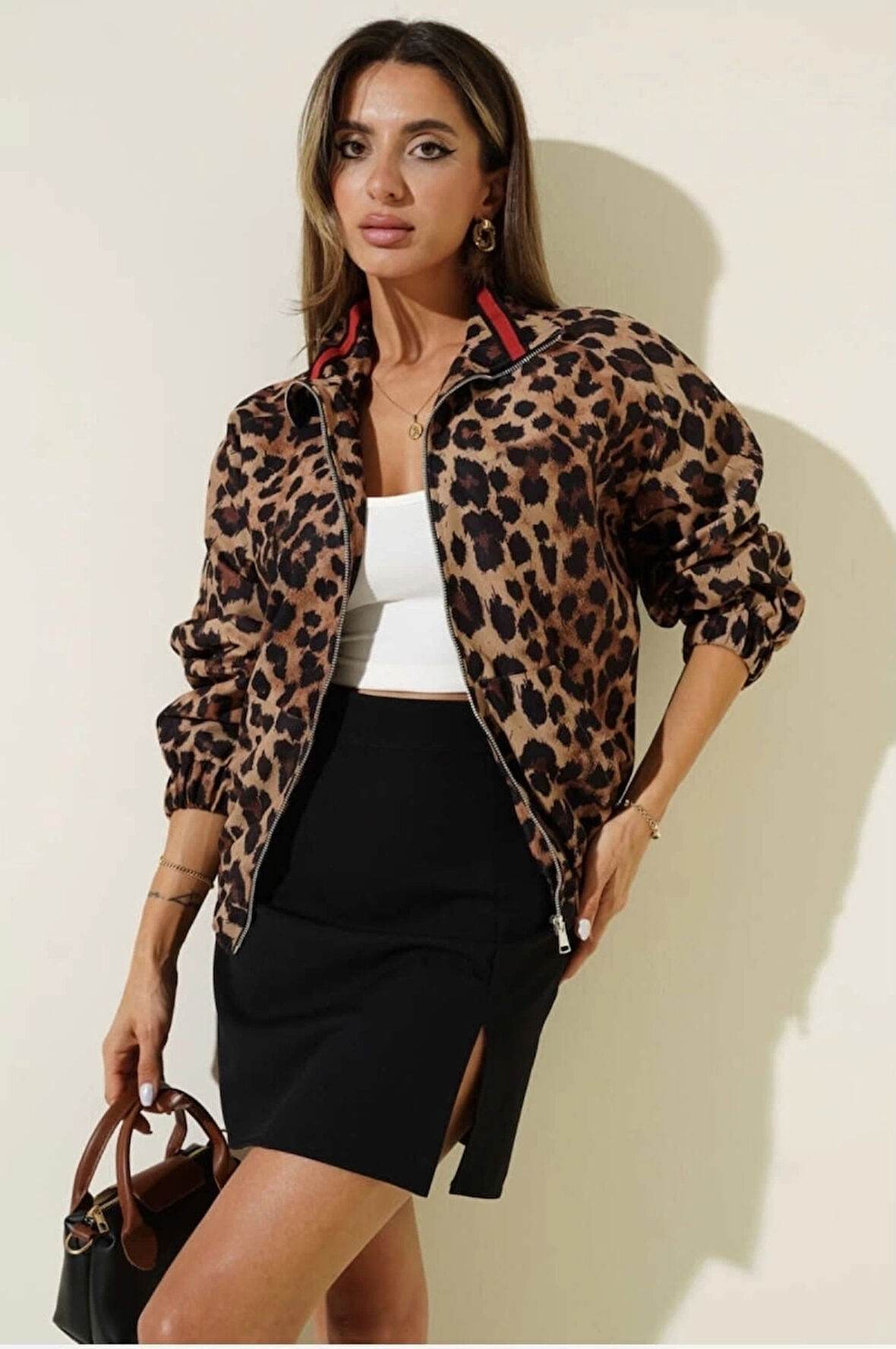 BİÇOMİ Leopar desenli astarlı ceket siyah t1192
