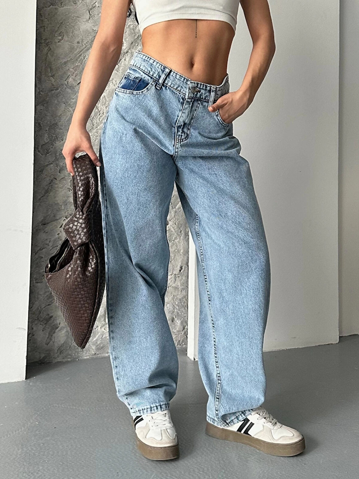 BİÇOMİ Baggy kar yıkama orta mavi jeans pantolon d2007