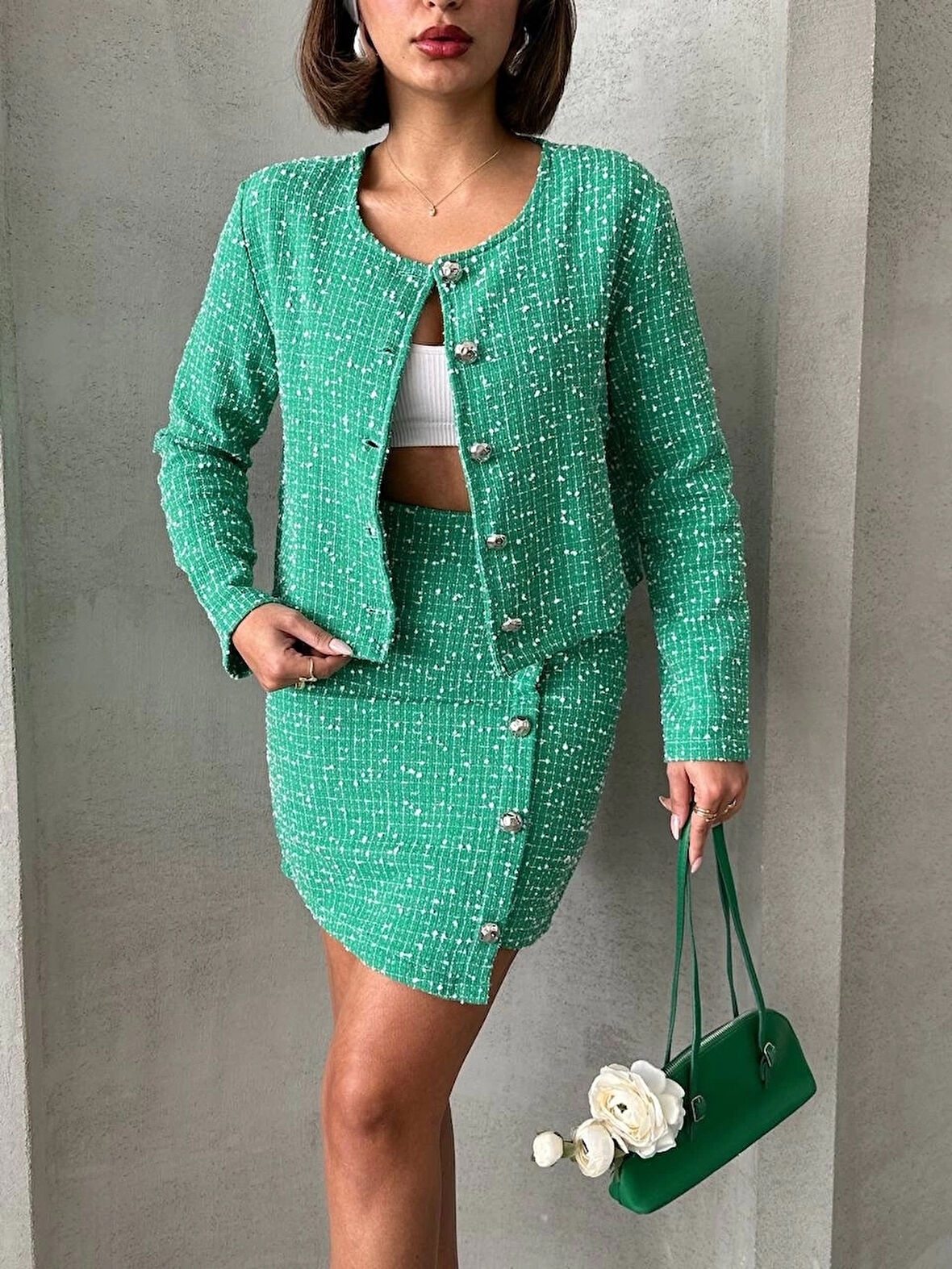 BİÇOMİ Ceketli etek takım chl kumaş yeşil h24443