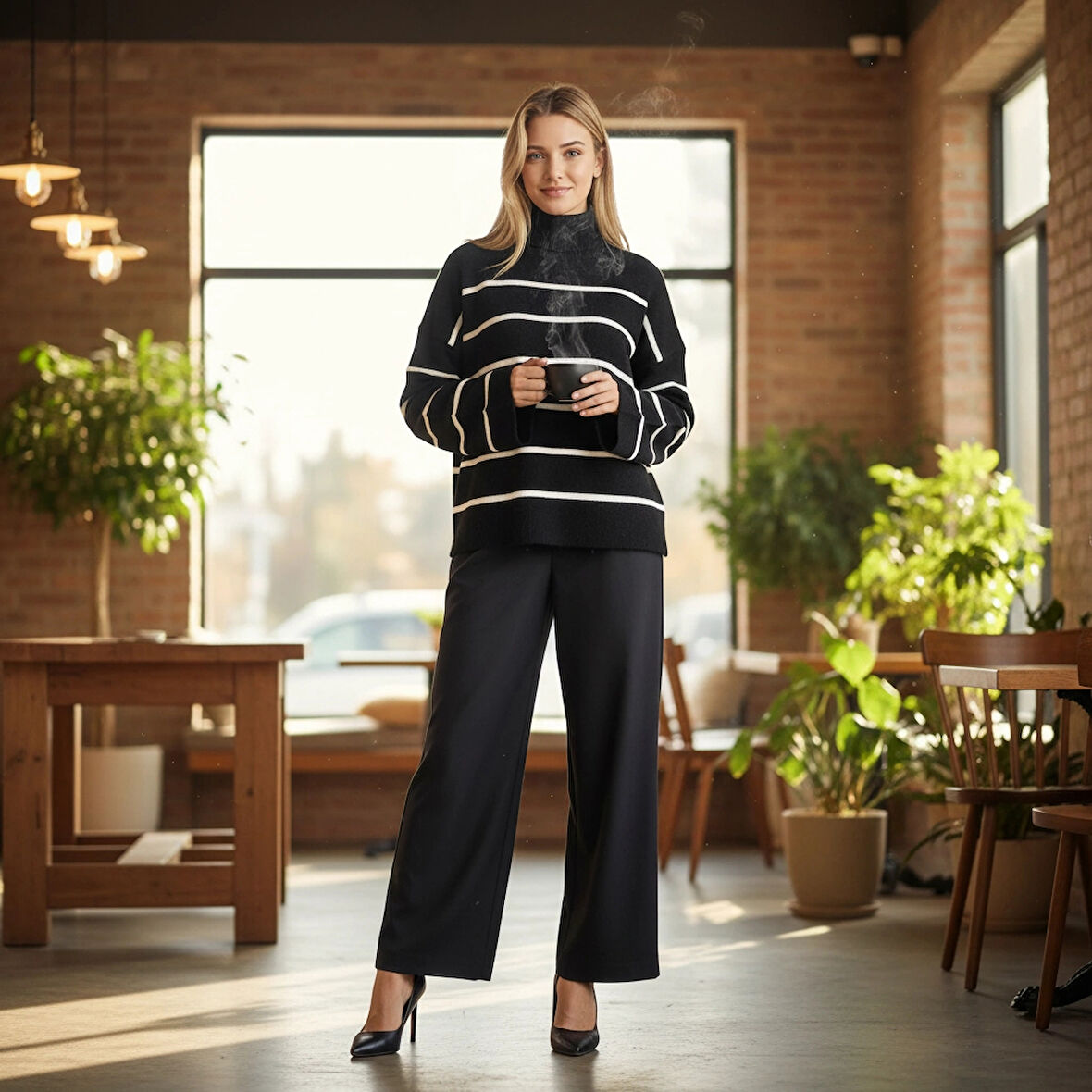 BİÇOMİ Çizgili ispanyol kol triko boğazlı kazak siyah elf