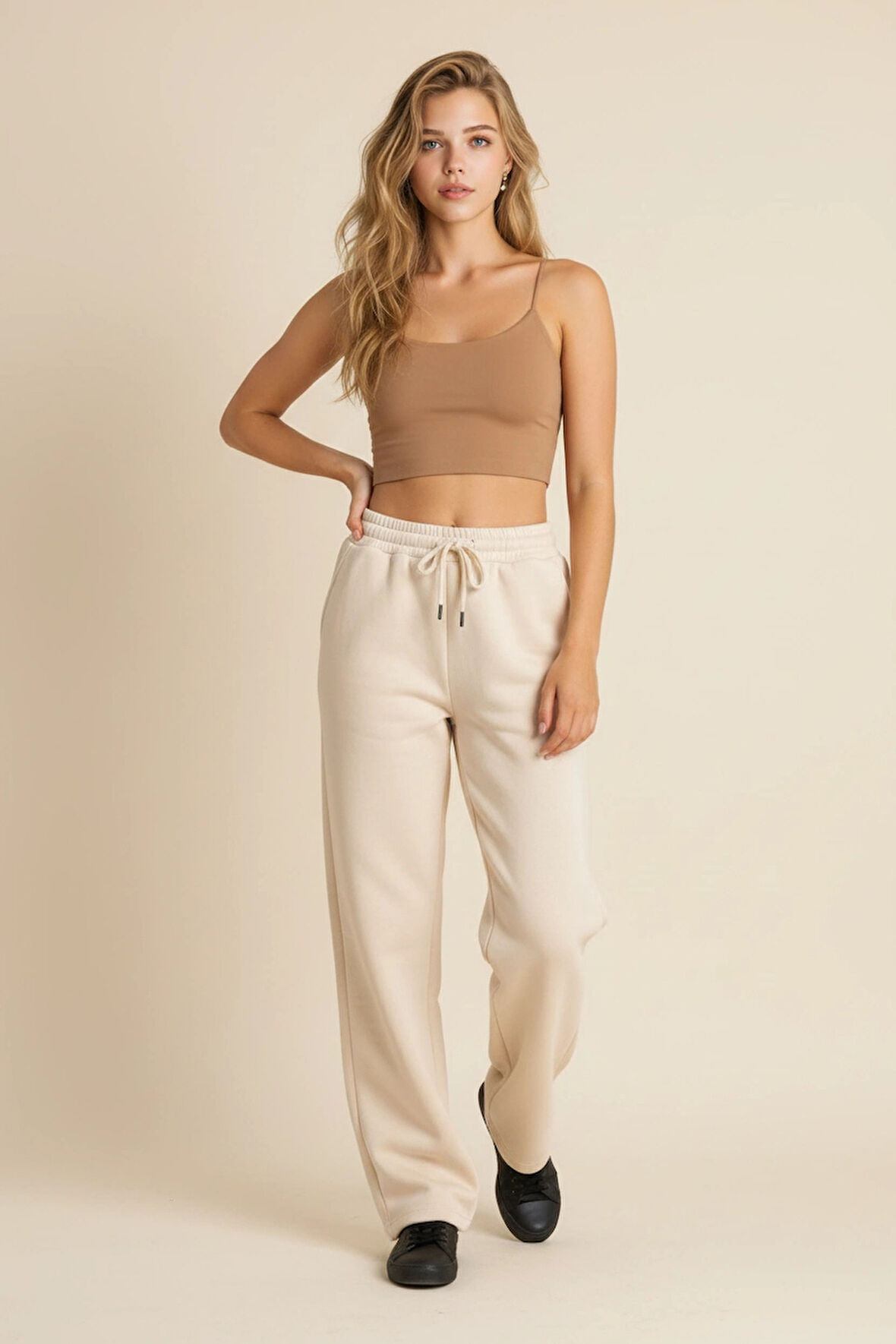 BİÇOMİ 3 iplik şardonlu Lastik paça eşofman bej p510439