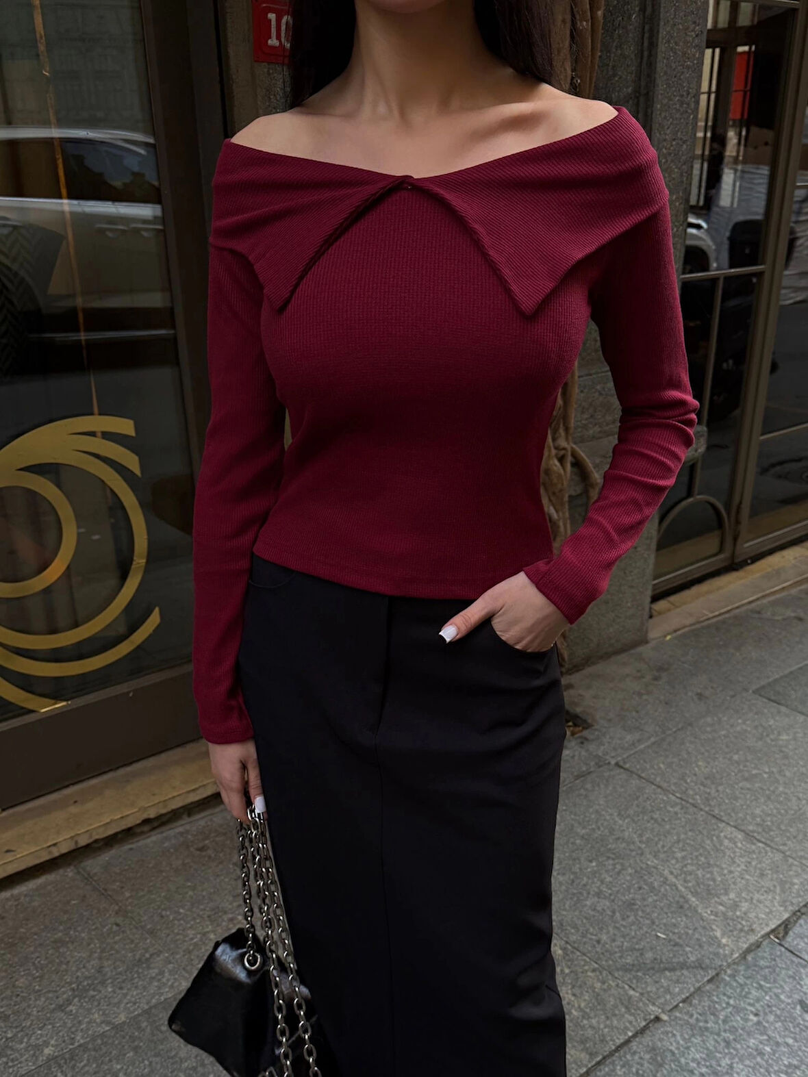 BİÇOMİ Kelebek yaka uzun kol bluz bordo