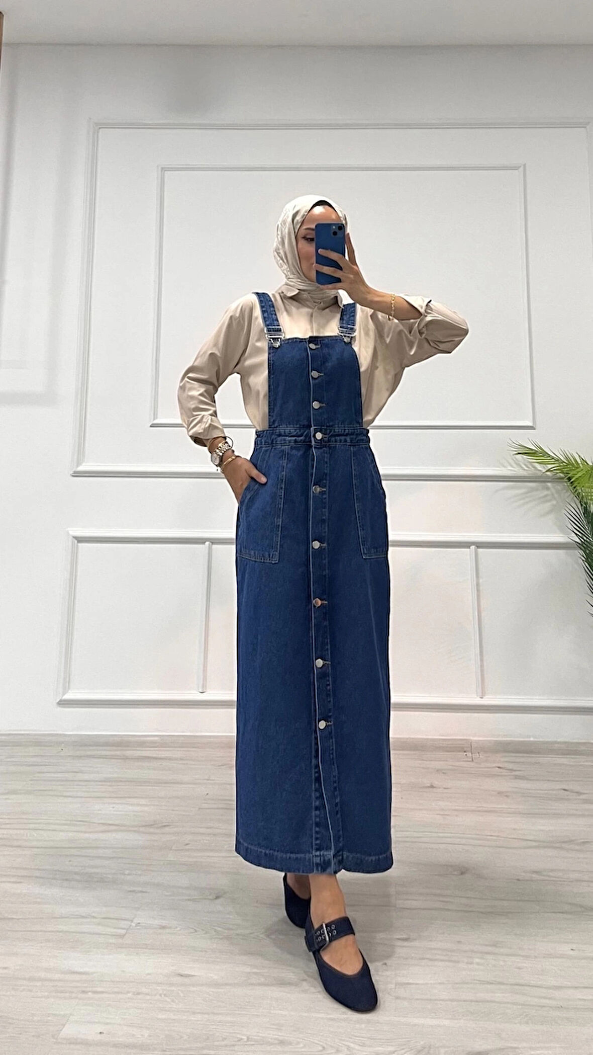 BİÇOMİ Etekli salopet enzim süper taş yıkama koyu mavi d2521