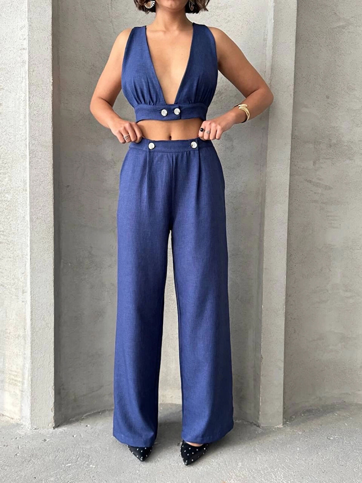 BİÇOMİ Crop pantolon keten takım s255012