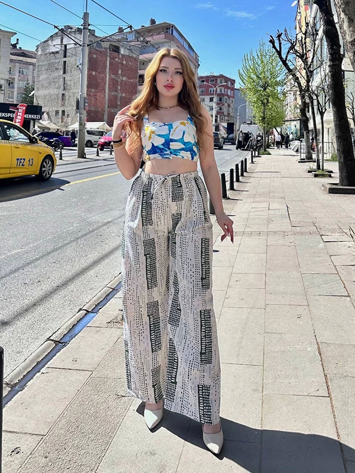 BİÇOMİ Baskılı Bağcıklı keten pantolon krem