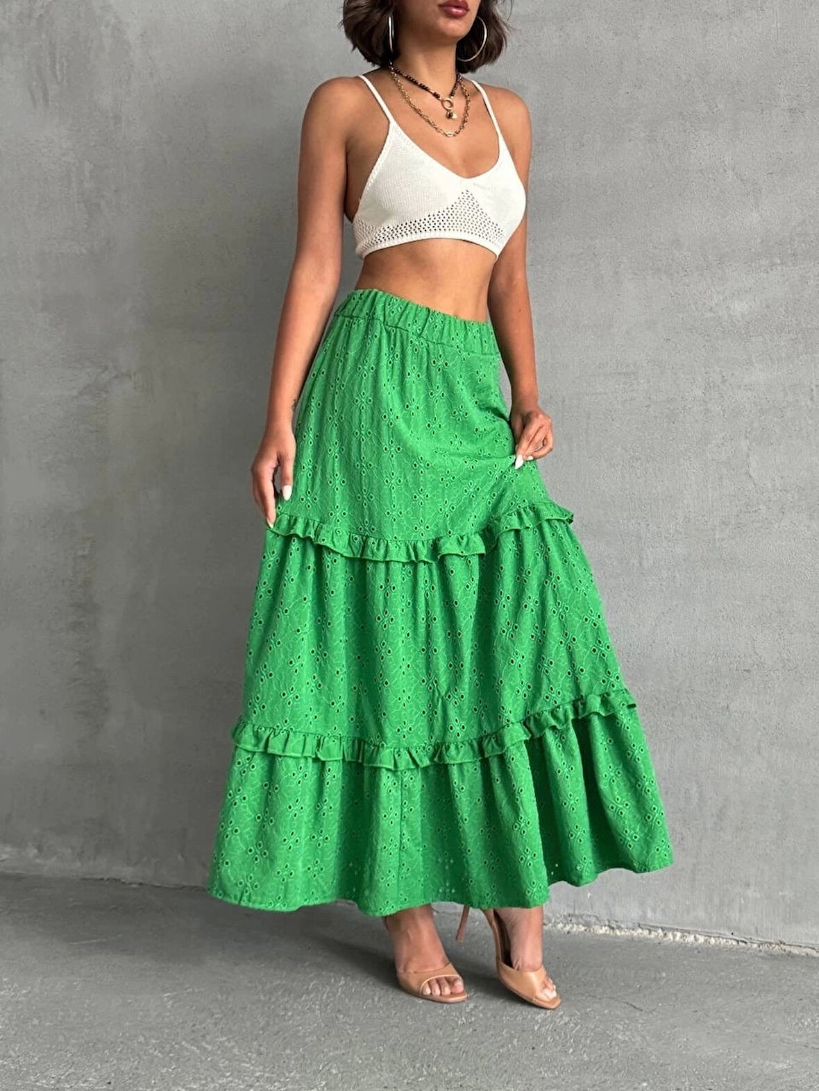 BİÇOMİ Fırfırlı brodeli astarlı uzun etek yeşil s255047