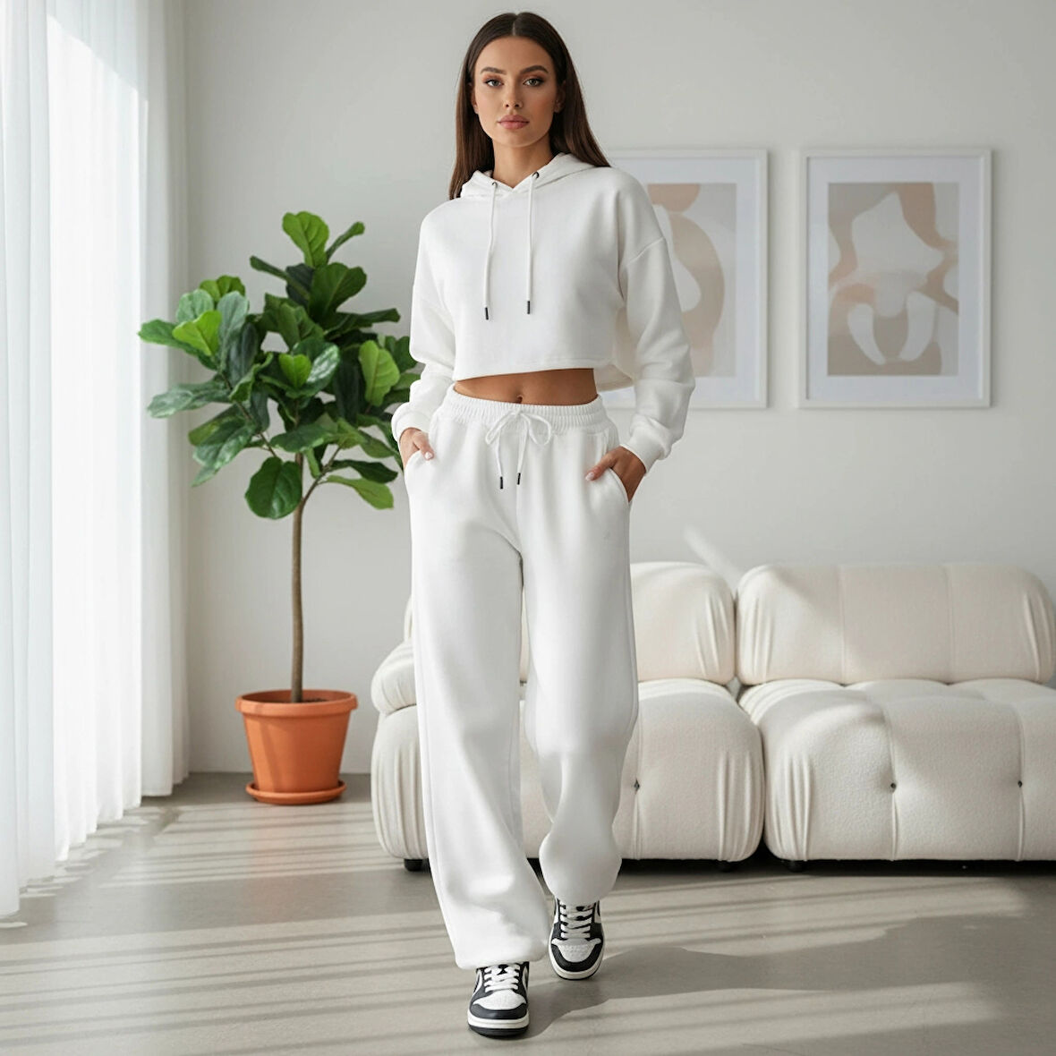 BİÇOMİ 3 iplik şardonlu Lastik paça eşofman beyaz p510439