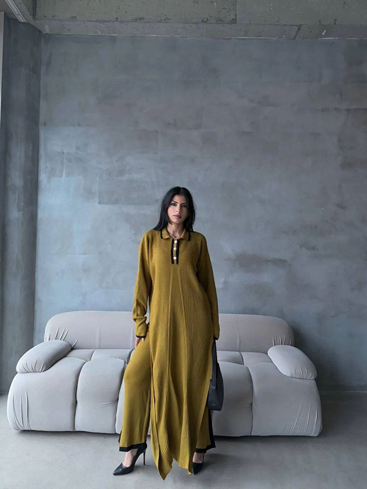 BİÇOMİ Pantolon yırtmaçlı elbise ikili triko takım yeşil elf