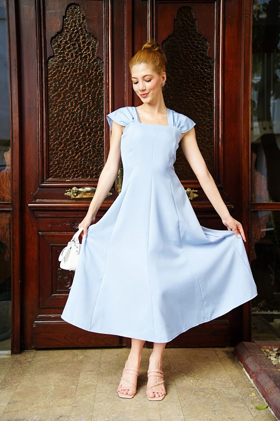 BİÇOMİ U yaka prenses elbise mavi s255101