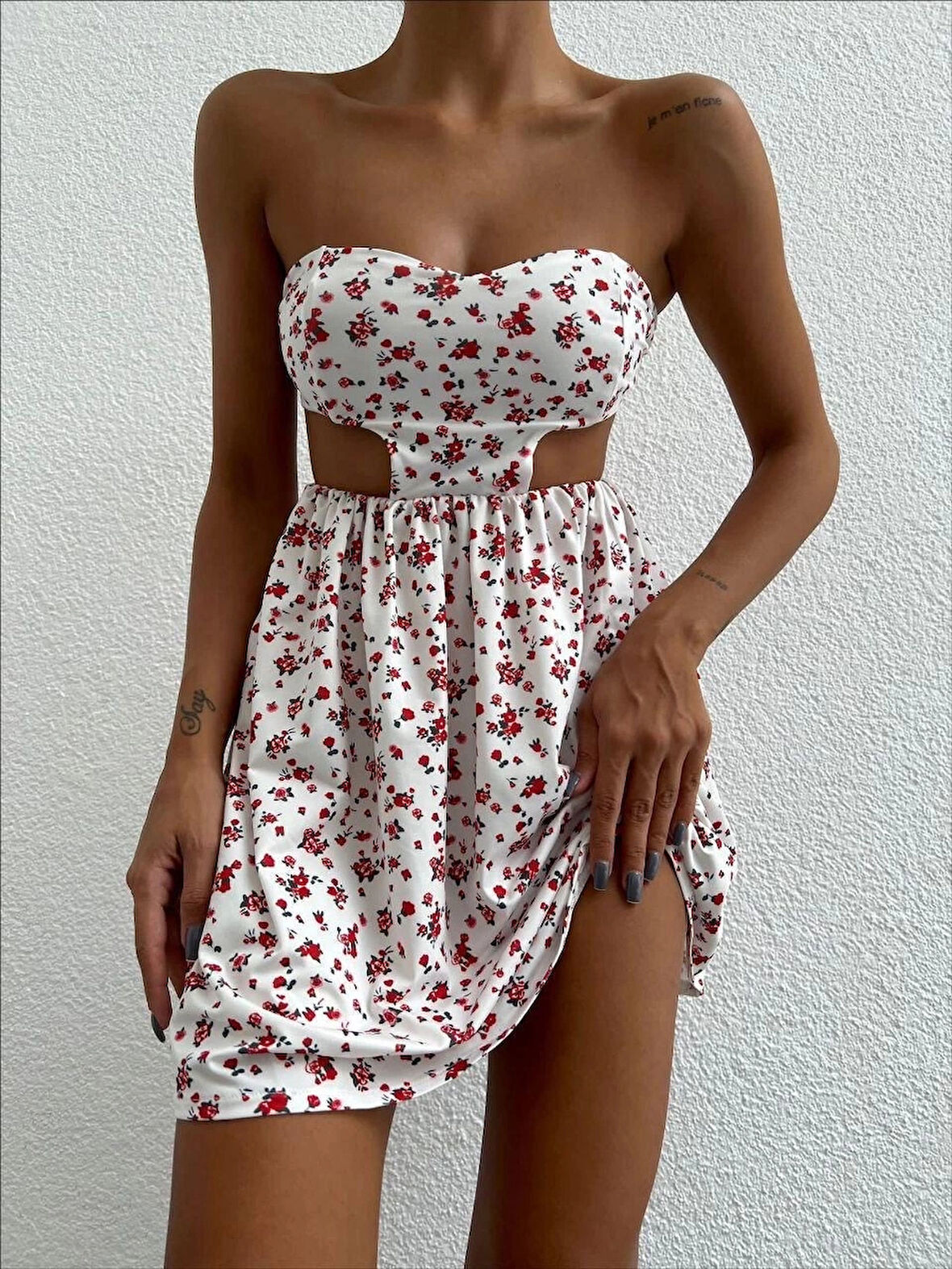 BİÇOMİ Straplez elbise baskılı