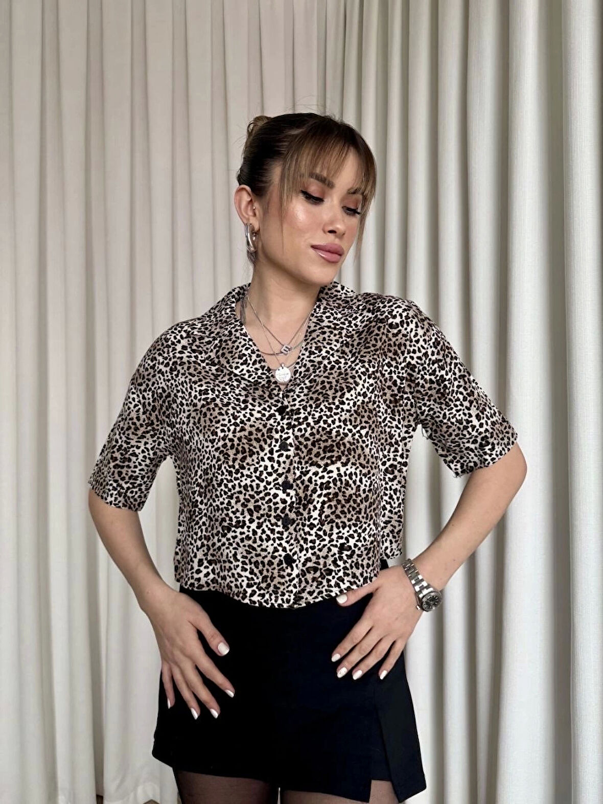 BİÇOMİ Leopar desenli crop gömlek