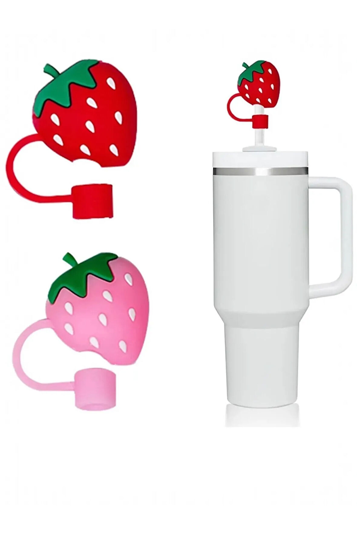 2 Adet 10MM (Kırmızı ve Pembe) Çilek Pipet Kapağı