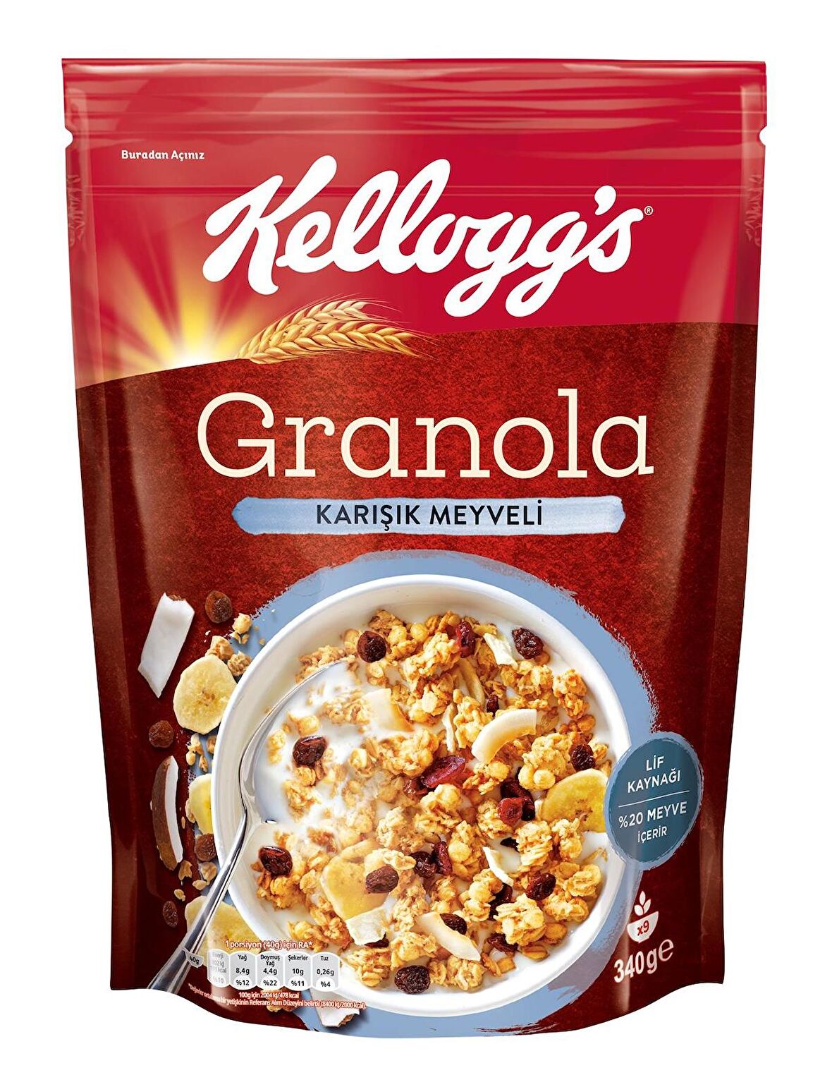 Kellogg's Karışık Meyveli Granola 340 Gr,%45 Yulaf içerir,Lif Kaynağı,%20 Kurutulmuş Meyve