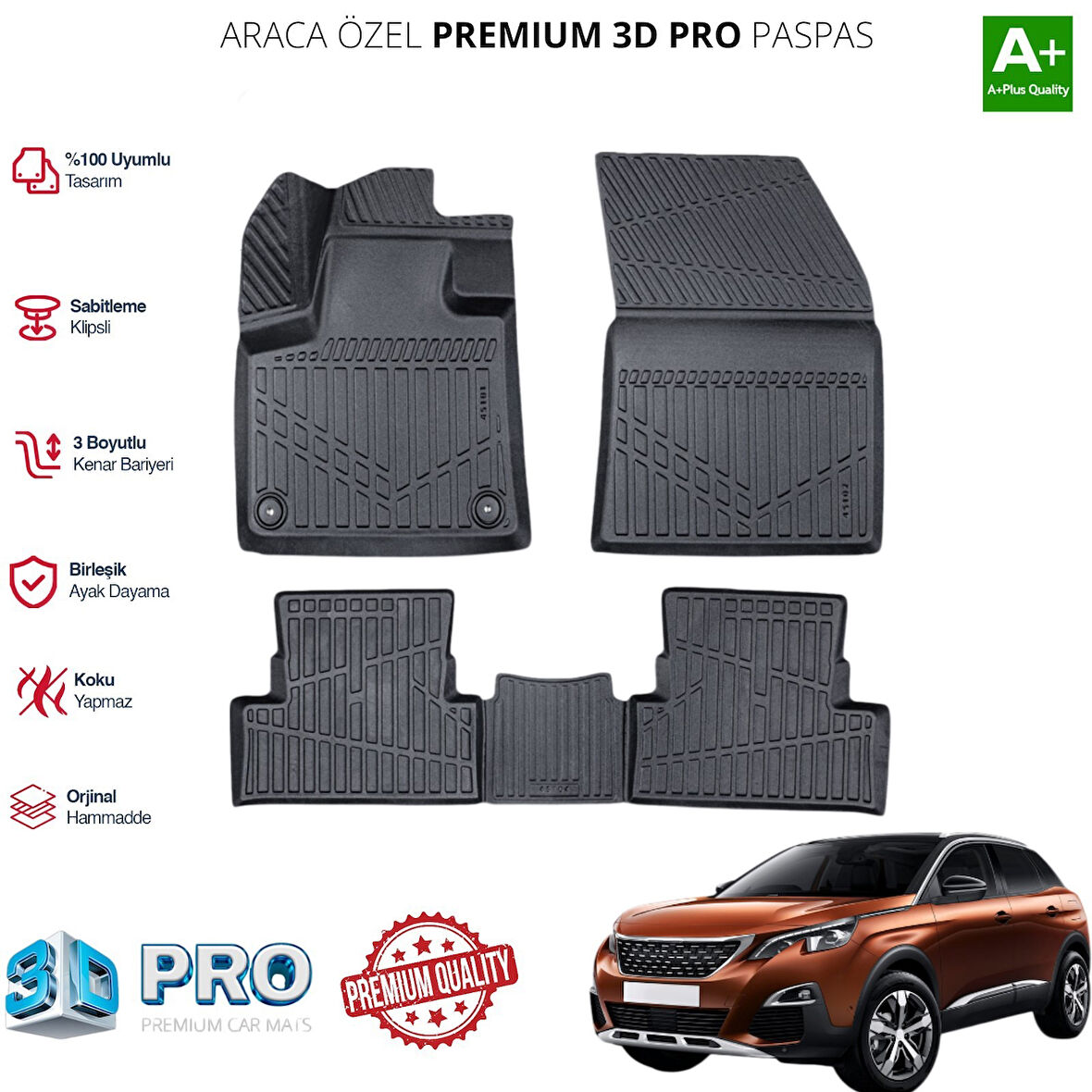 PEUGEOT 3008 ARACA ÖZEL 3D PASPAS 2017 2018 2019 2020 2021 2022 2023 2024