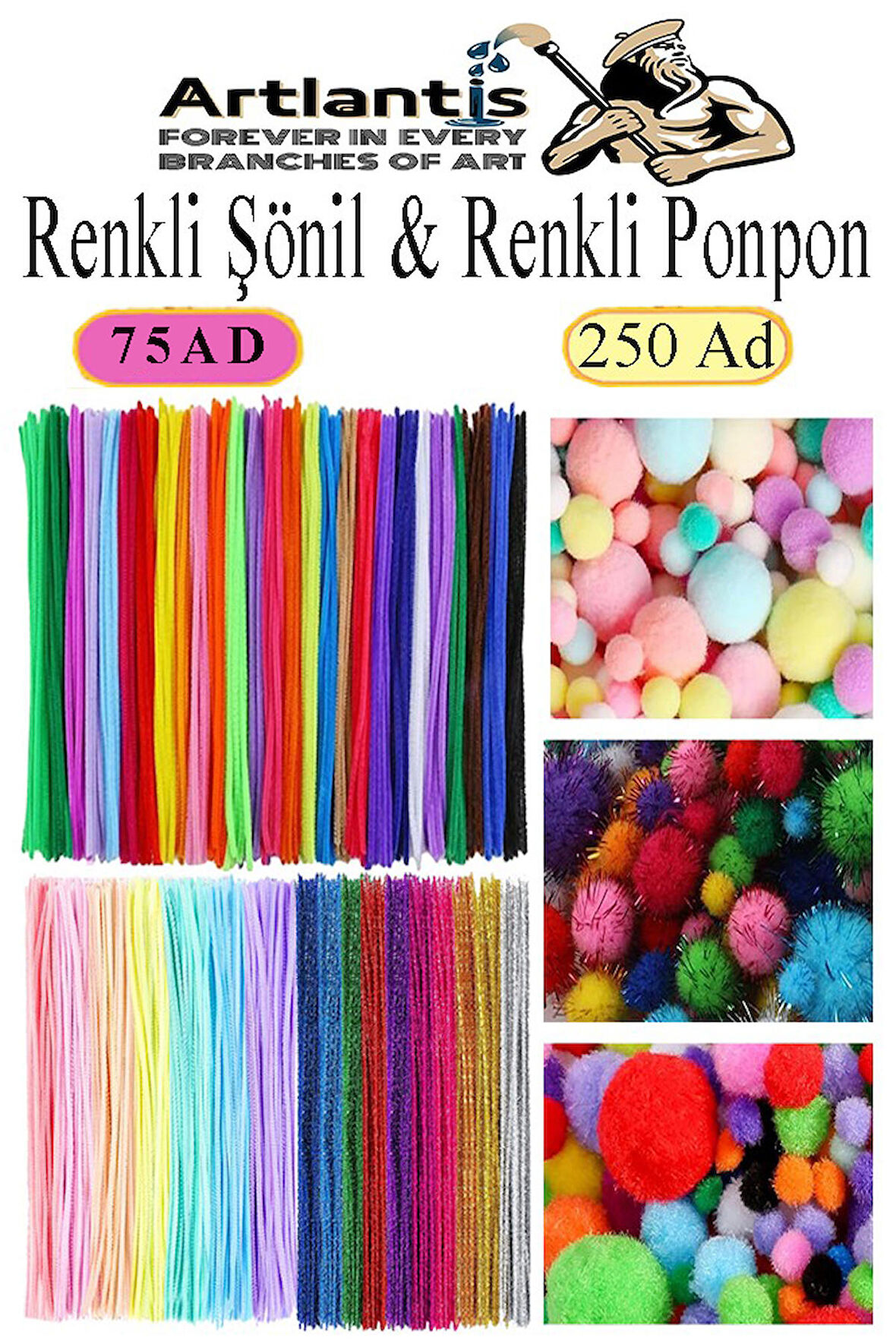 Şönil ve Ponpon Seti 1 Paket Pastel Metalik ve Ana Renkler 30 cm 75 Adet Pastel Metalik ve Ana Renkler Pon Pon 250 Adet