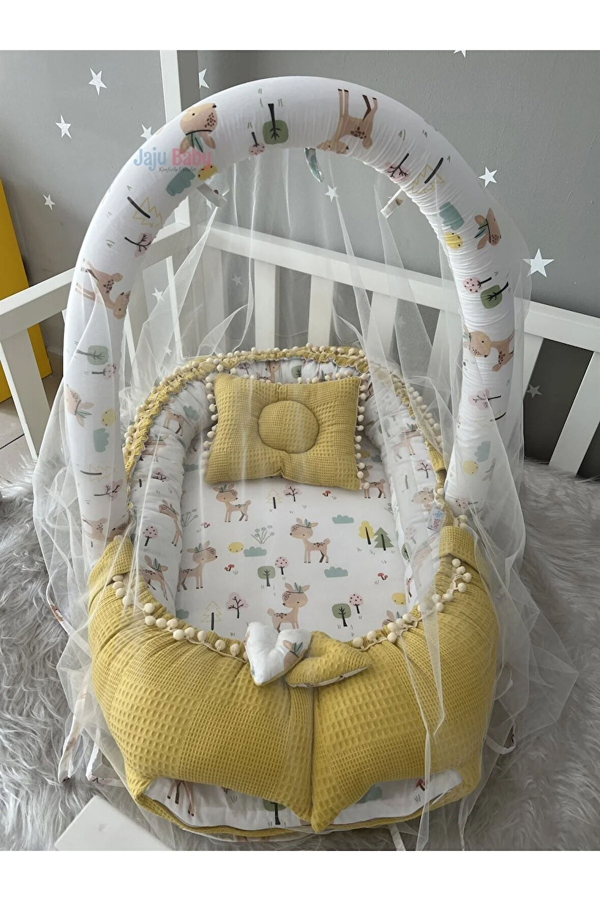 Hardal Sarı Wafle Pike Kumaş Ceylan Tasarım Ponponlu Oyuncak Aparat Ve Tül Babynest Set