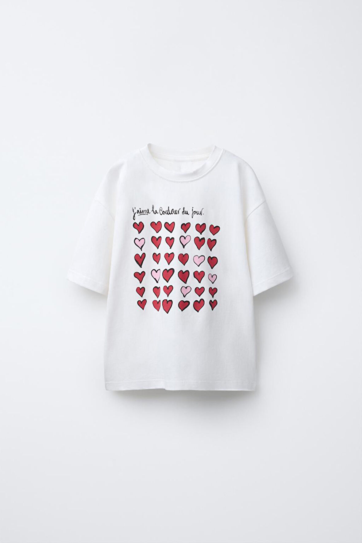 Kalp Baskılı %100 Pamuk Oversize Kız Çocuk Tişört