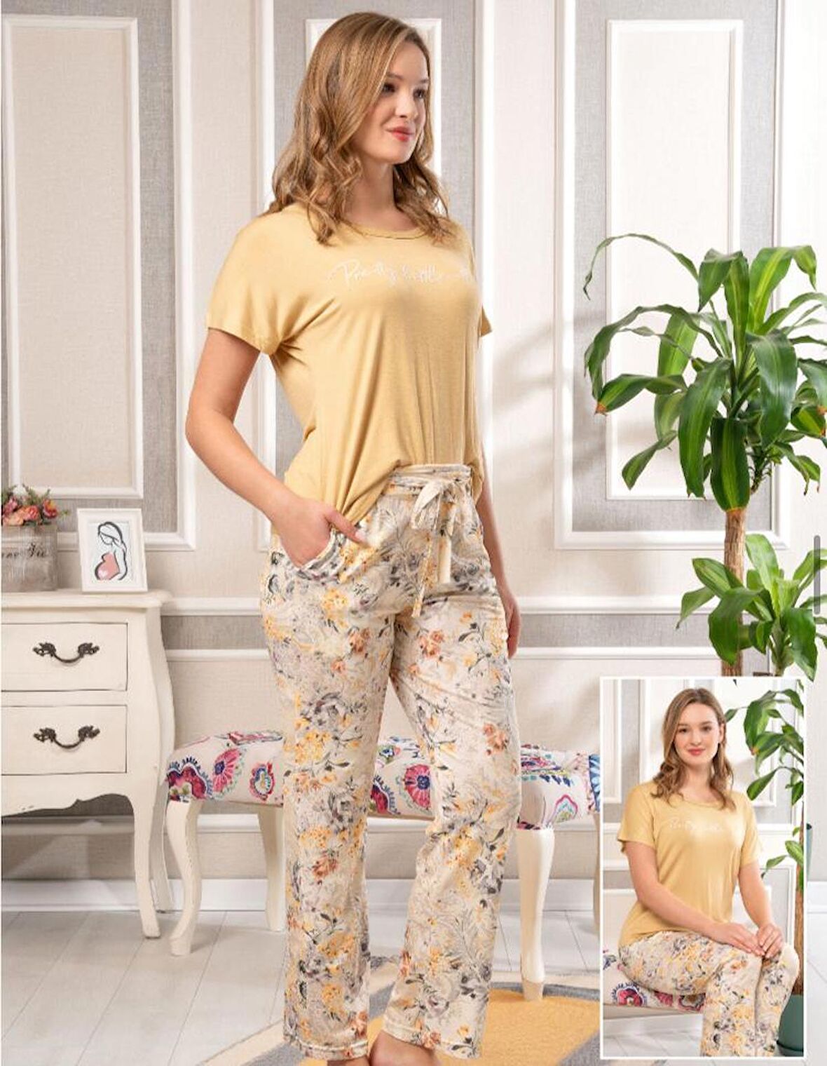 Bone Club 5850 Pudra Desenli Viskon Spor Pijama Tk