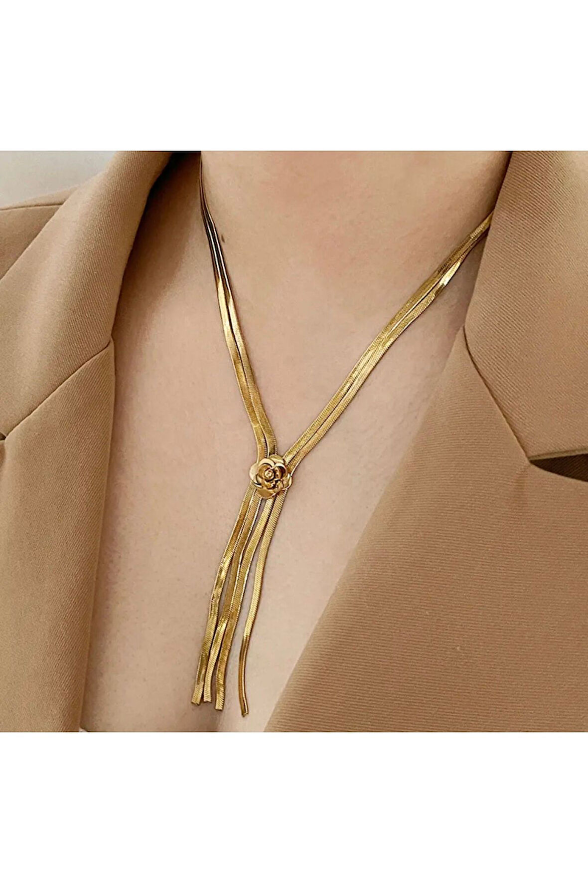 Paslanmaz Çelik Yılan Sırtı Italyan Y Model Püsküllü Kadın Kolye