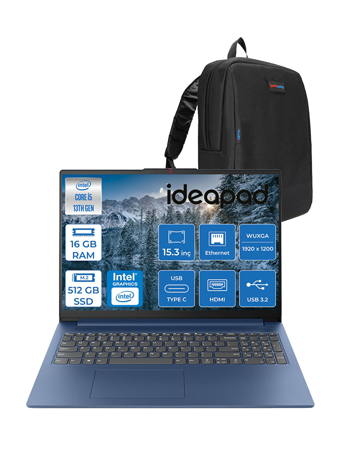 Lenovo Ideapad Slim 3 15IRH10 Intel Core I5 13420H 16GB 512GB SSD Freedos 15.3" Wuxga (1920X1200) IPS 300NITS Taşınabilir Bilgisayar 83K10062TRF01 + Zetta Çanta
