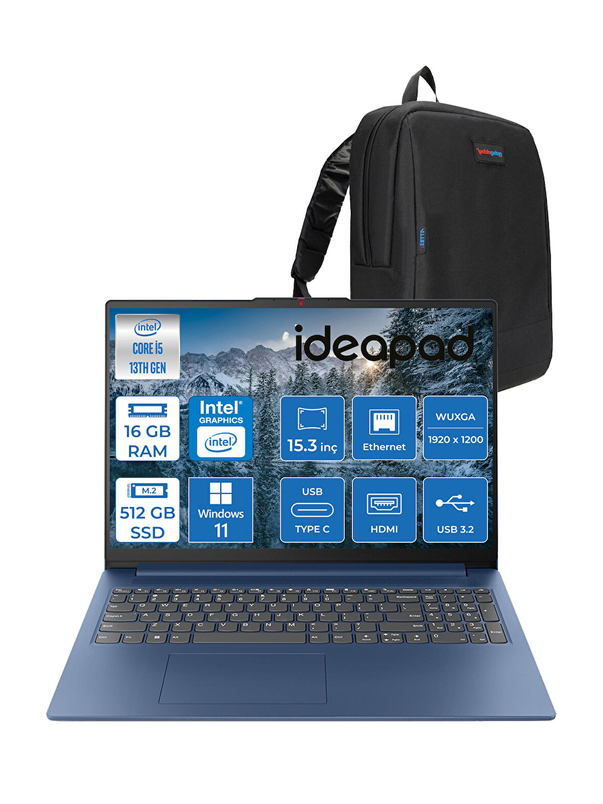 Lenovo Ideapad Slim 3 15IRH10 Intel Core I5 13420H 16GB 512GB SSD Windows 11 Home 15.3" Wuxga (1920X1200) IPS 300NITS Taşınabilir Bilgisayar 83K10062TRH01 + Zetta Çanta