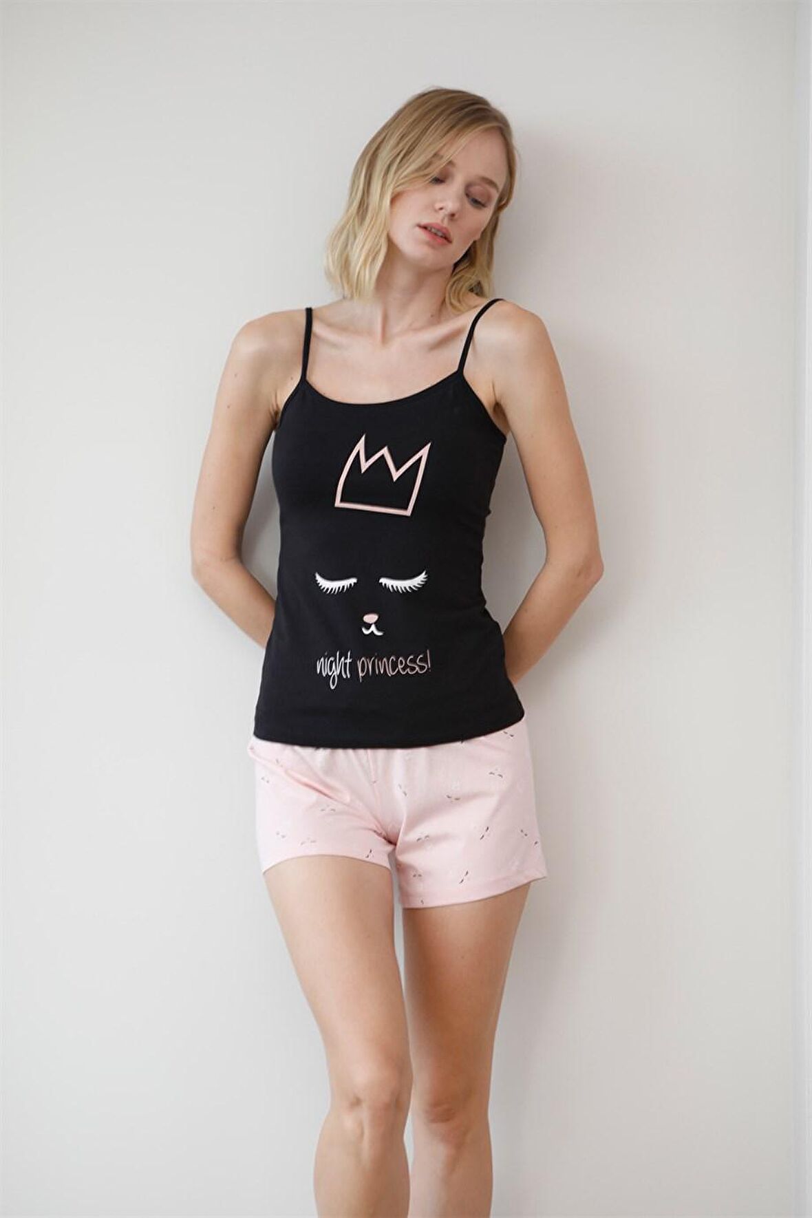 Monamise Kadın Kedi Desenli ve Baskılı "Night Princess!" Şort Takımı 20083
